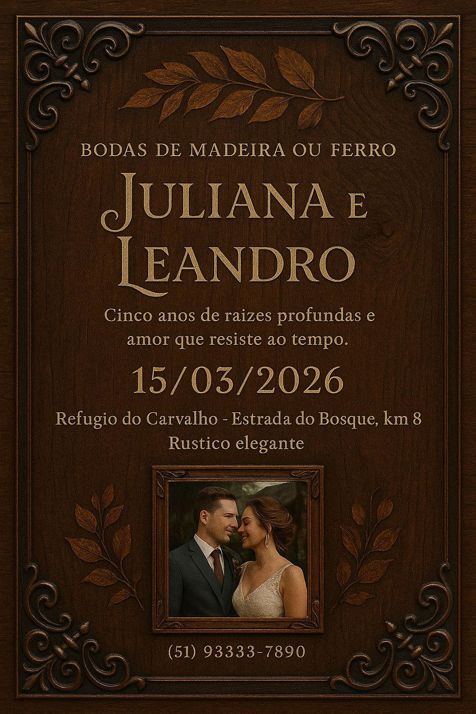 Convite de aniversário de casamento estilo clássico para Bodas de Madeira, com fundo rústico e tipografia tradicional. Criado com ChatGPT.