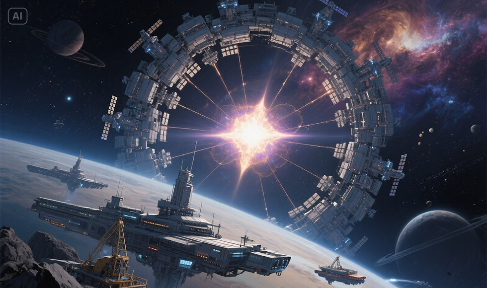 Photorealistic image of a Type II Civilization with megastructures orbiting a star, including a Dyson Sphere and asteroid mining operations, representing stellar dominance on the Kardashev Scale.