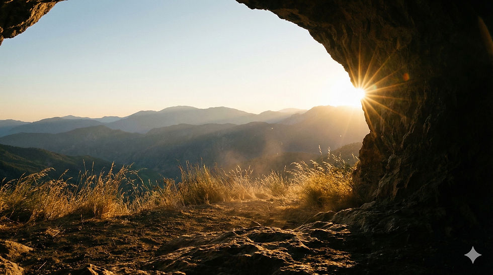 Vista de paisagem a partir do interior de uma caverna, com contraluz do sol, gramíneas secas e montanhas ao fundo em estética cinematográfica gerada por IA.