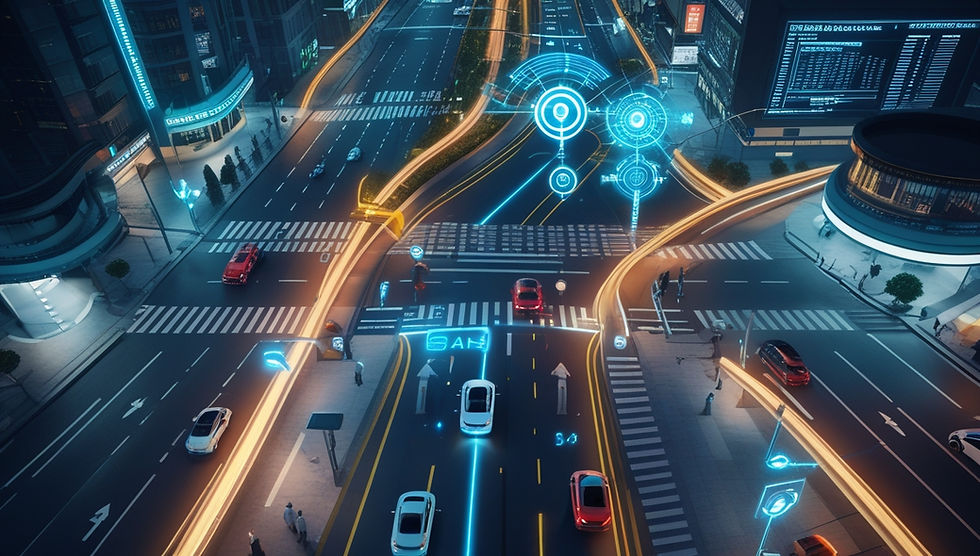 Imagem fotorealista de cruzamento urbano em cidade inteligente com controle adaptativo de tráfego por IA, sensores inteligentes e veículos conectados — representando mobilidade urbana inteligente com tecnologia em tempo real.