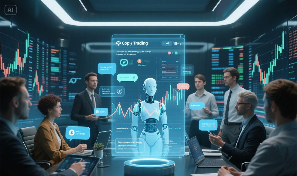 Photorealistic image of investors using copy trading, AI chatbots, and collaborative networks to make real-time financial decisions, highlighting collective intelligence in the market.