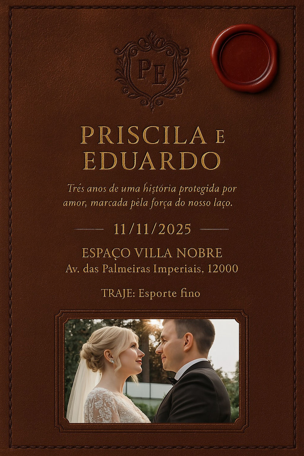 Convite de aniversário de casamento clássico com tema Bodas de Couro, design robusto com tons terrosos e texturas elegantes. Criado com ChatGPT.