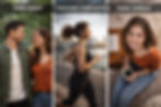 Side-by-side comparison of Three camera shots — Two-Shot, Tracking Composition, and High Angle — illustrating variations in cinematic framing and perspective.
