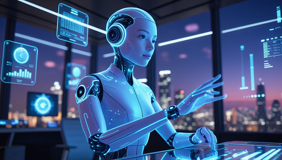 Imagem conceitual hiper-realista representando o ChatGPT 5.0 como um holograma humanoide interagindo com dados holográficos, destacando contexto estendido, raciocínio lógico e compreensão multimodal.