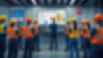Imagen fotorrealista de una sesión de formación sobre seguridad en el trabajo, con un instructor presentando pautas de seguridad a un grupo diverso de trabajadores que llevan puestos sus EPP, en un entorno industrial con señales de emergencia visibles al fondo.