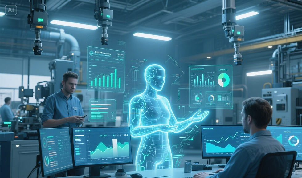 Photorealistic image of an AI-powered virtual assistant in an industrial control room, displaying predictive maintenance graphs and real-time IoT sensor data for intelligent maintenance optimization.