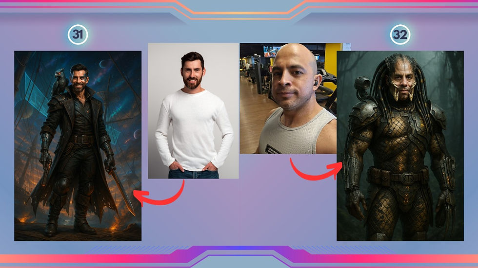 Images reimagined by ChatGPT as a futuristic space pirate with cyberpunk gear and as a hybrid creature inspired by the Predator universe, blending human and alien traits.