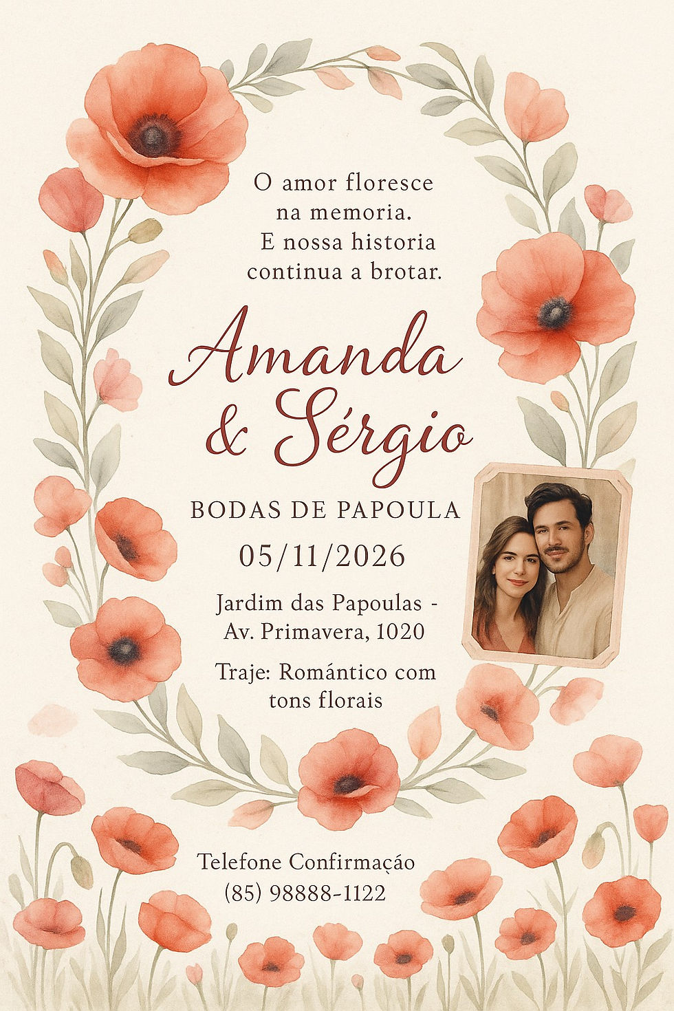 Convite moderno para Bodas de Papoula com visual vibrante, estilo botânico contemporâneo e tipografia elegante. Gerado com IA no ChatGPT.