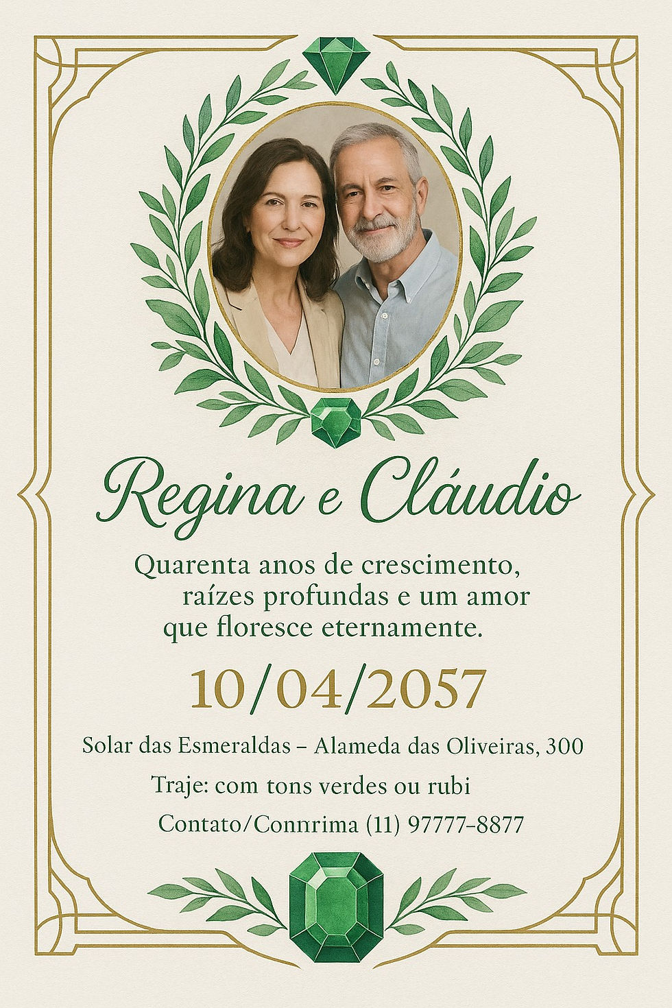 Convite para Bodas de Esmeralda – 40 anos de casamento, com design luxuoso em tons verdes, estilo refinado e ornamentos inspirados em joias preciosas. Exemplo gerado com IA.