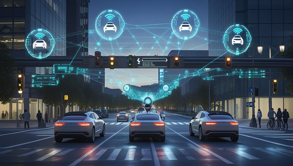 Cena fotorrealista de cidade inteligente com veículos autônomos conectados por V2X, semáforos inteligentes e sistema de tráfego gerenciado por IA — destacando mobilidade urbana inteligente e integração em tempo real.