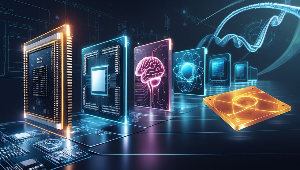 Illustration showing the evolution of future processors: silicon chips, photonic processors, neuromorphic chips, quantum processors, bioprocessors, and graphene-based processors in a technological timeline.