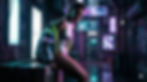 Modelo em ambiente urbano futurista cyberpunk, vestindo bodysuit metálico e jaqueta neon em uma cena editorial gerada por IA.