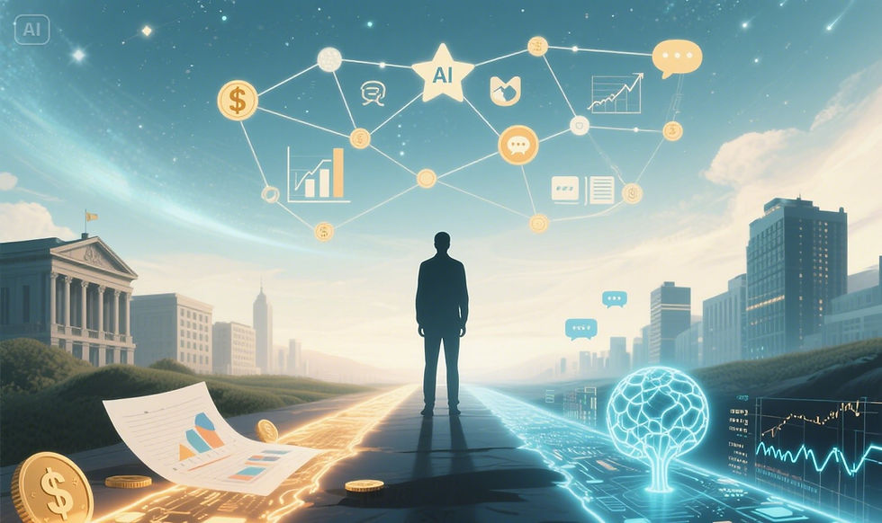 Conceptual image of an investor amid streams of traditional finance and AI-driven data, representing the fusion of human analysis and machine learning in financial markets.