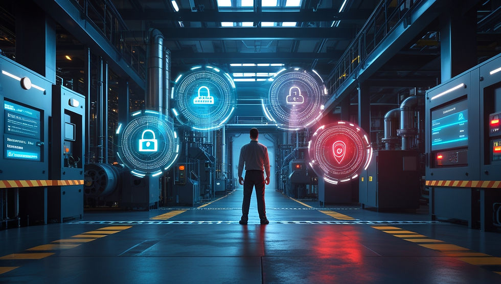 Photorealistic image of an industrial technician surrounded by holograms representing IoT and AI implementation challenges like cybersecurity threats, data quality issues, and legacy system integration in predictive maintenance.