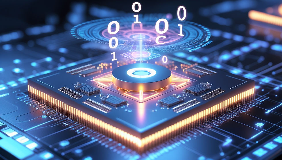 Photorealistic image of a quantum chip showing visual representations of superposition states, highlighting quantum processors and emerging computing technologies.