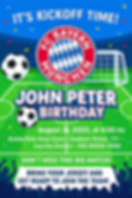 Kids’ soccer-themed birthday invitation with a vibrant and sporty design. Features soccer ball, stadium background, animated crowd, and team-inspired colors. Vertical layout.