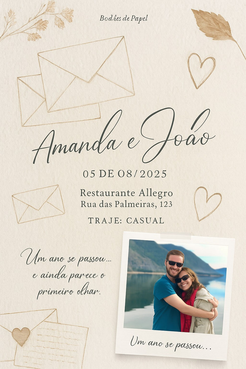 Convite de aniversário de casamento estilo clássico para Bodas de Papel, com design delicado em tons suaves e elementos que remetem à textura do papel. Criado com ChatGPT.