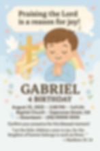 Christian-themed children's birthday invitation with praying boy, golden cross, white dove, and rainbow in a soft pastel style — perfect for faith-based celebrations.
