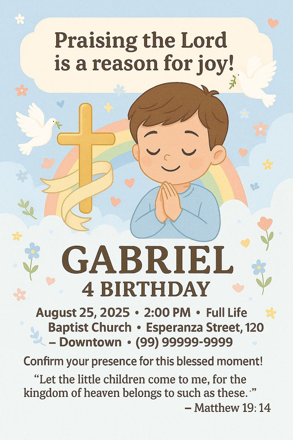 Christian-themed children's birthday invitation with praying boy, golden cross, white dove, and rainbow in a soft pastel style — perfect for faith-based celebrations.