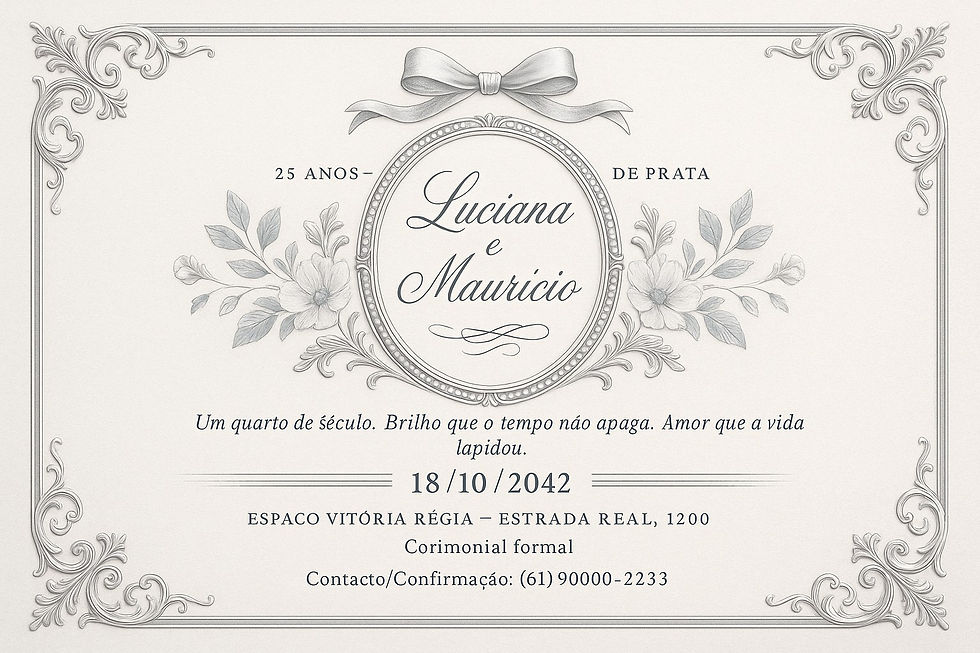 Convite comemorativo das Bodas de Prata com 25 anos de casamento, estilo clássico com detalhes metalizados, fundo claro e moldura prateada elegante. Criado com inteligência artificial.