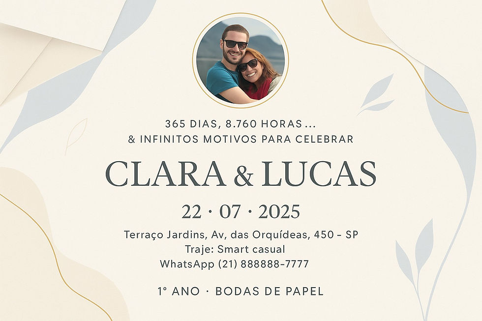 Convite moderno de Bodas de Papel com design criativo, formas geométricas e tipografia contemporânea. Exemplo de convite gerado com IA no ChatGPT.