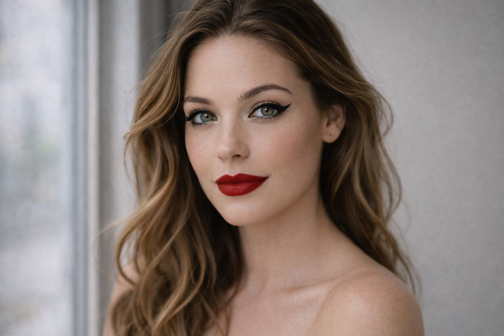 Rosto feminino com maquiagem old Hollywood glam, delineado preto clássico e batom vermelho em look noturno realista gerado por IA.