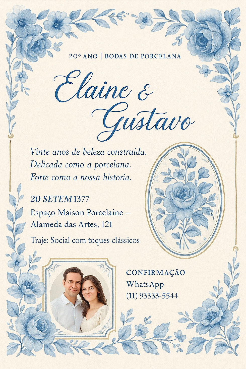 Convite personalizado para 20 anos de casamento – Bodas de Porcelana, com visual refinado e delicado, inspirado em louças finas e arte floral clássica. Gerado com IA.