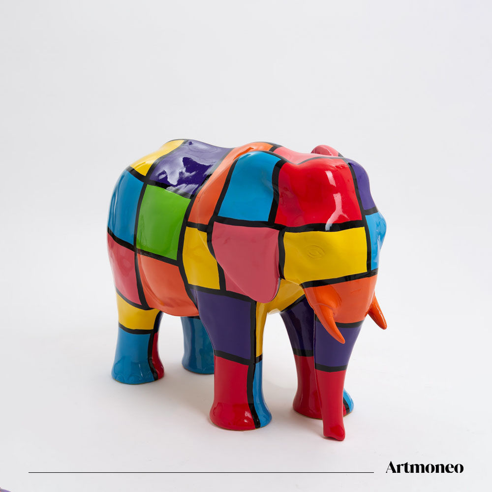 Statue Éléphant Résine 80cm - Puzzle Multicolore