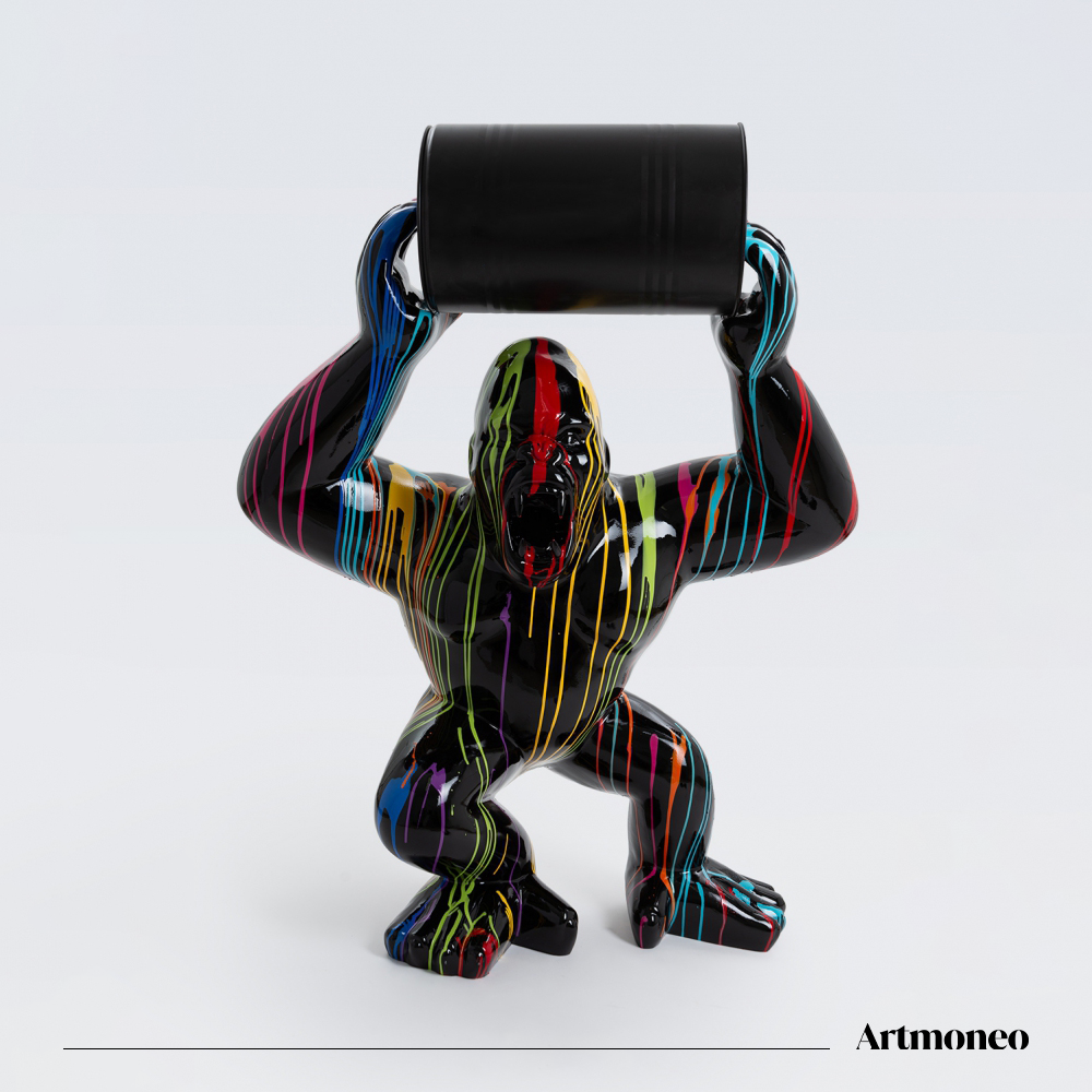 Statue Gorille XXL avec Baril Résine 260cm - Trash Noir