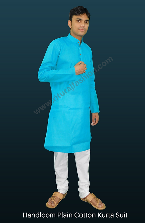 Blue Handloom Plain Cotton Kurta Suit