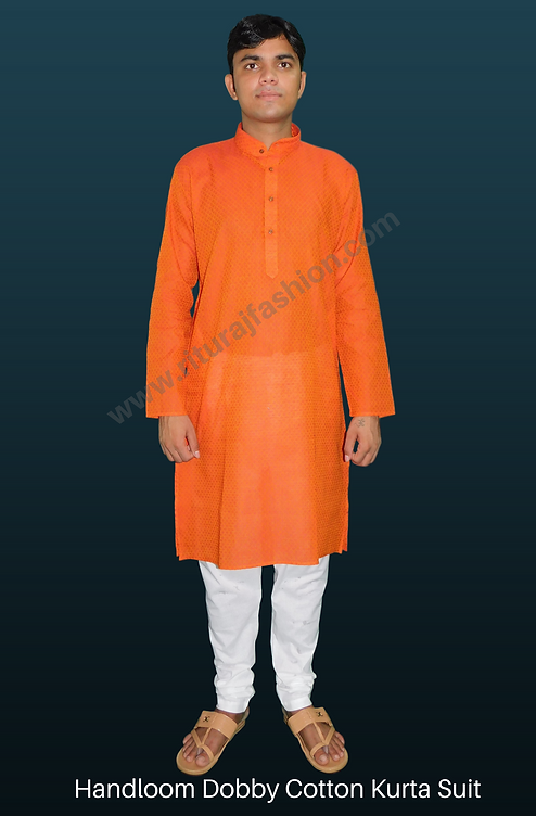 Orange Handloom Dobby Cotton Kurta Suit