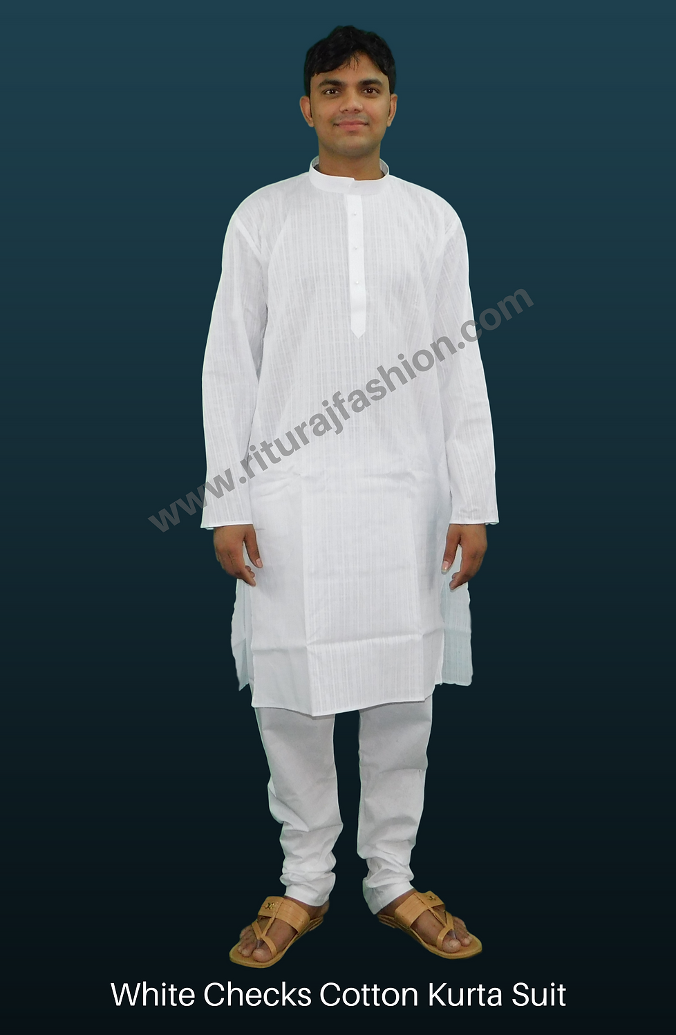 White Checks Cotton Kurta Suit_3.png