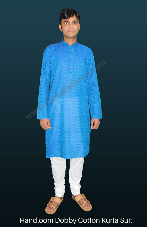 Blue Handloom Dobby Cotton Kurta Suit