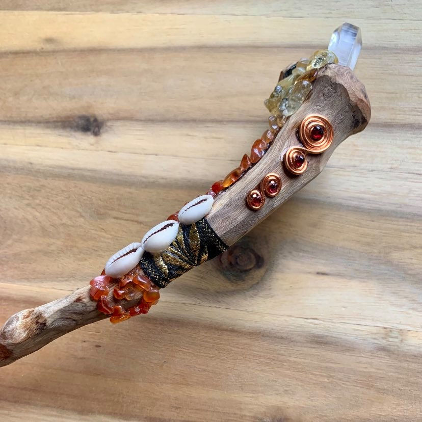 Thumbnail: Laser quartz crystal wand with Carnelian, Citrine & Garnet