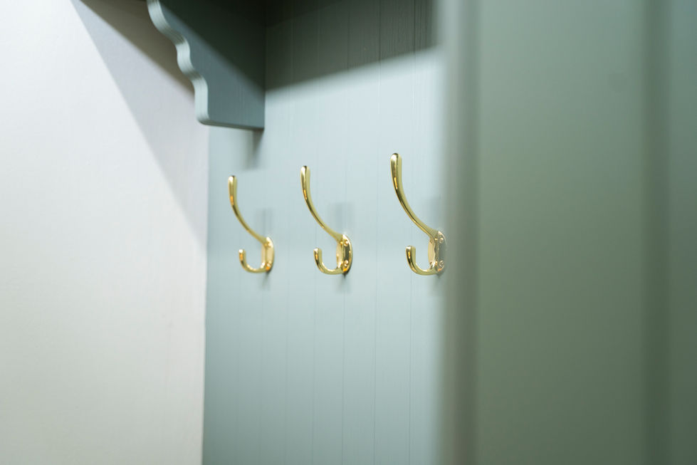 Boot room sage green with gold hooks