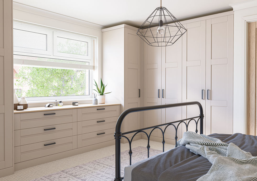 Modern bedroom with built-in wardrobes and metal bed frame