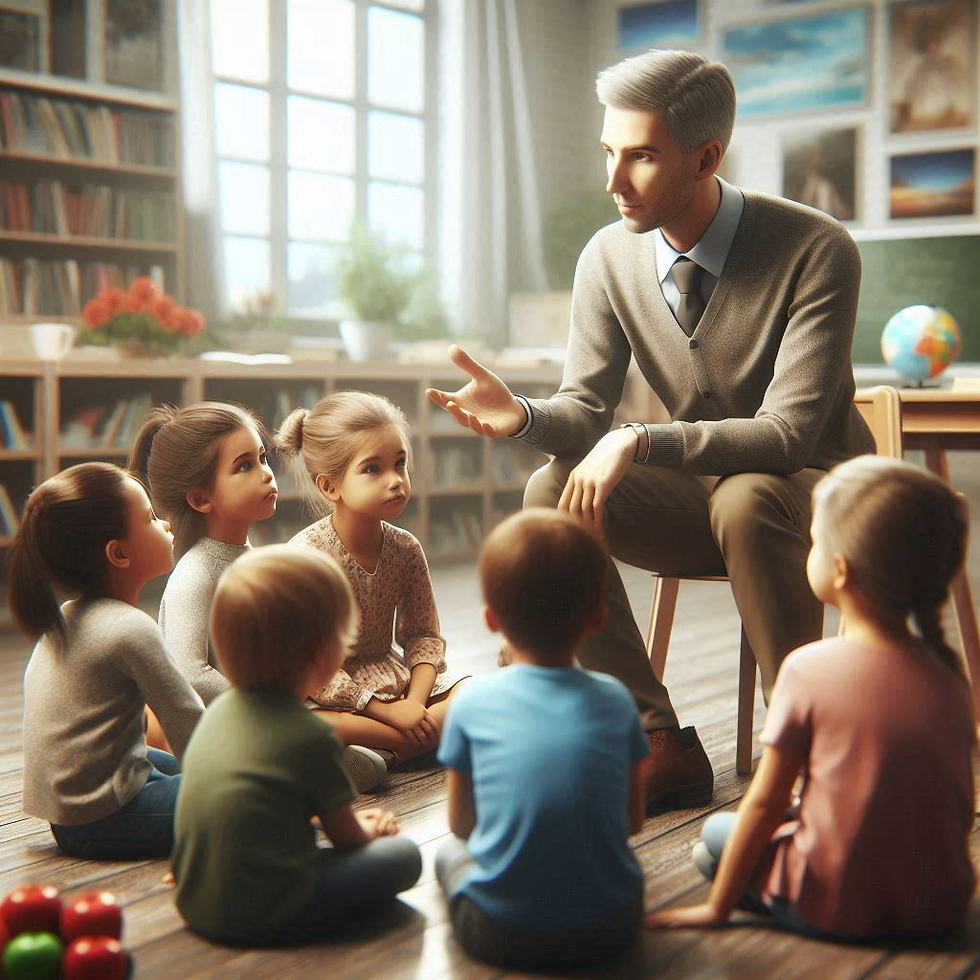 Um professor sentando contando uma história, com crianças sentadas a sua volta.
