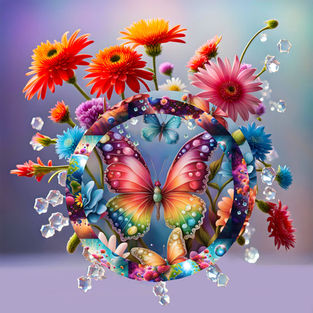 A magical butterfly with crystals and flowers
