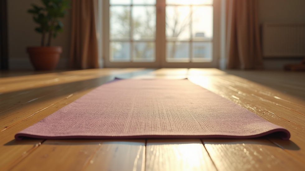 Eye-level view of a cozy yoga mat on a wooden floor