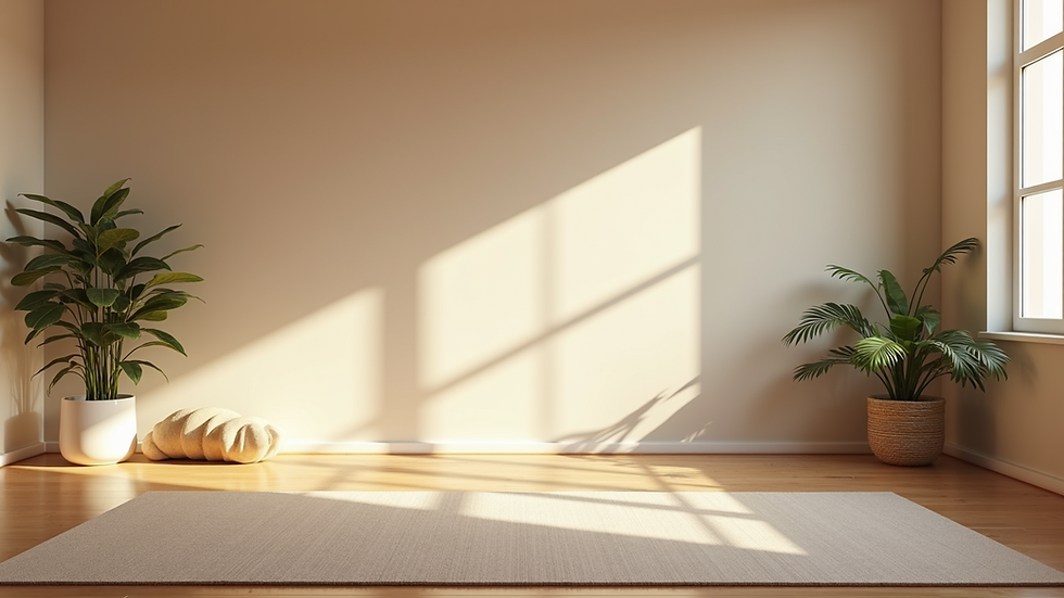 Wide angle view of a serene yoga studio with soft lighting