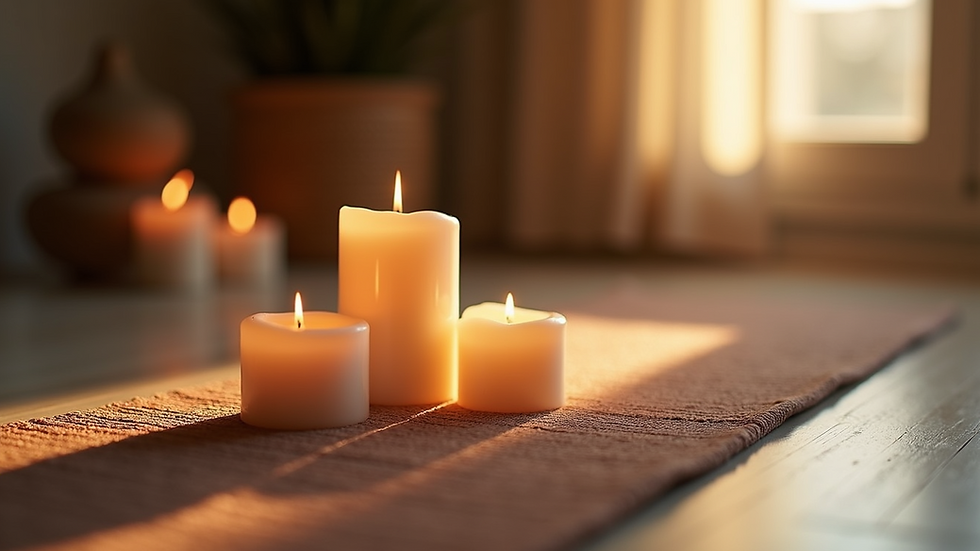 Close-up view of a yoga mat with candles and calming elements