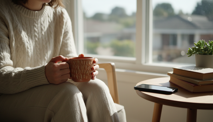 Close-up of a person holding a cup while looking at a silent phone