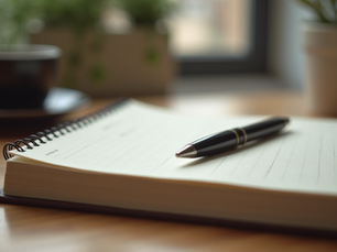 Close-up view of a journal and pen on a wooden table