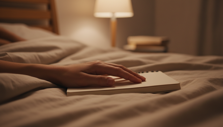 Side view of a person’s hand closing a notebook on a soft blanket.