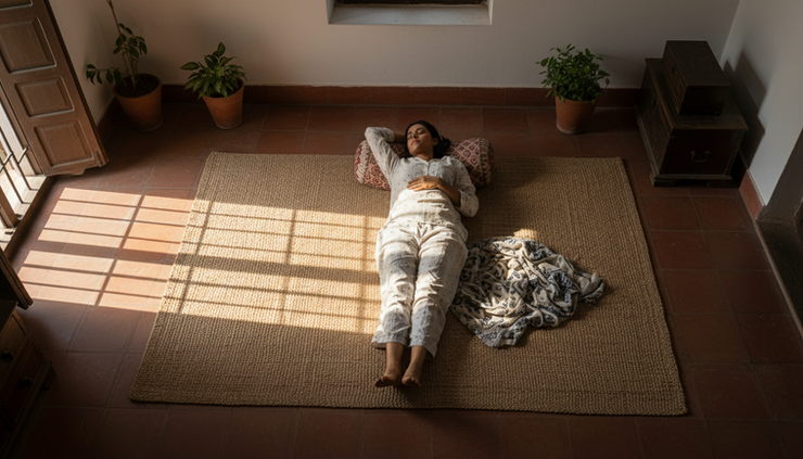 Overhead view of a person lying on a woven mat with sunlight falling across the floor