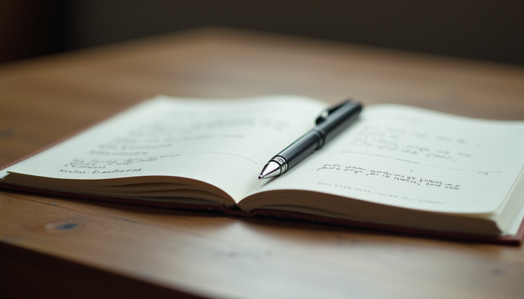 Eye-level view of an open journal with handwritten notes and a pen on a wooden table