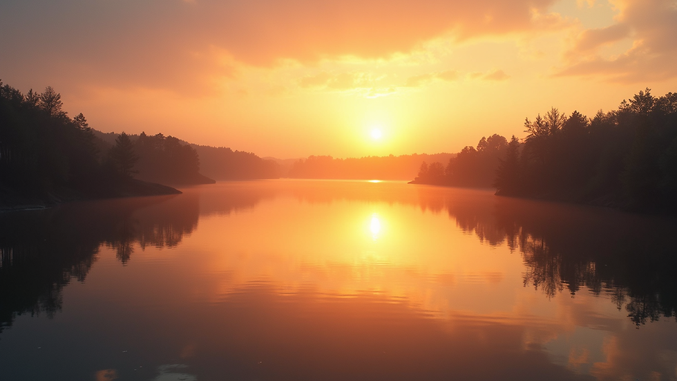 High angle view of a sunrise over a calm lake, symbolizing new beginnings