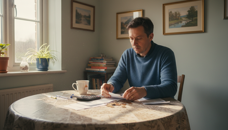 Eye-level view of a person counting household bills at a kitchen table