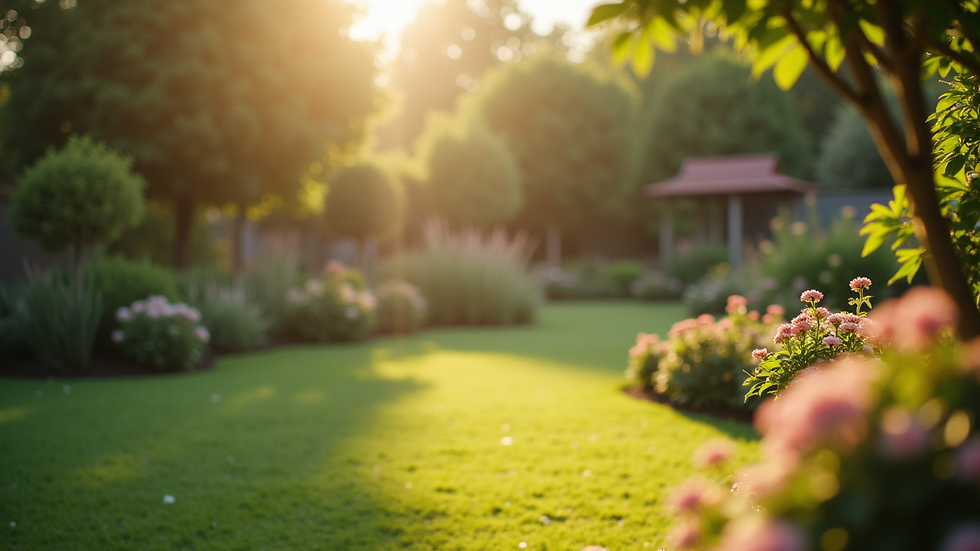 High angle view of a peaceful garden with soft sunlight