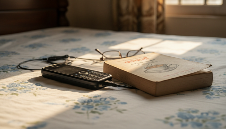 Close-up view of a phone charging beside a half-read book on a cotton bedsheet